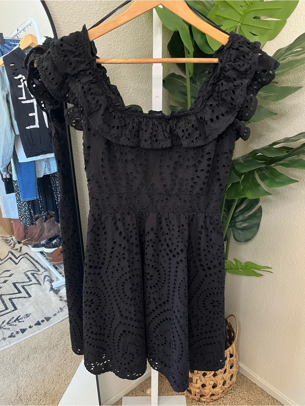 🖤 Black Eyelet Ruffle Mini Dress | Size XS | Boho Cottagecore